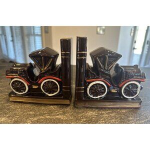 Vintage Antique Old Car Bookends Brown Ceramic Painted Set Of 2 Made In Japan